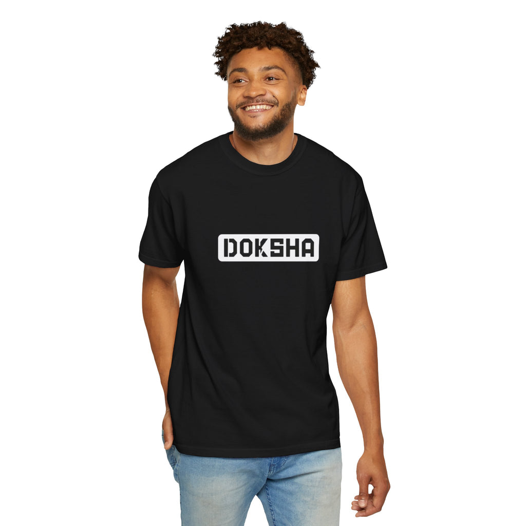Doksha No. 001 Graphic Tee in Black — worn, full body relaxed fit streetwear