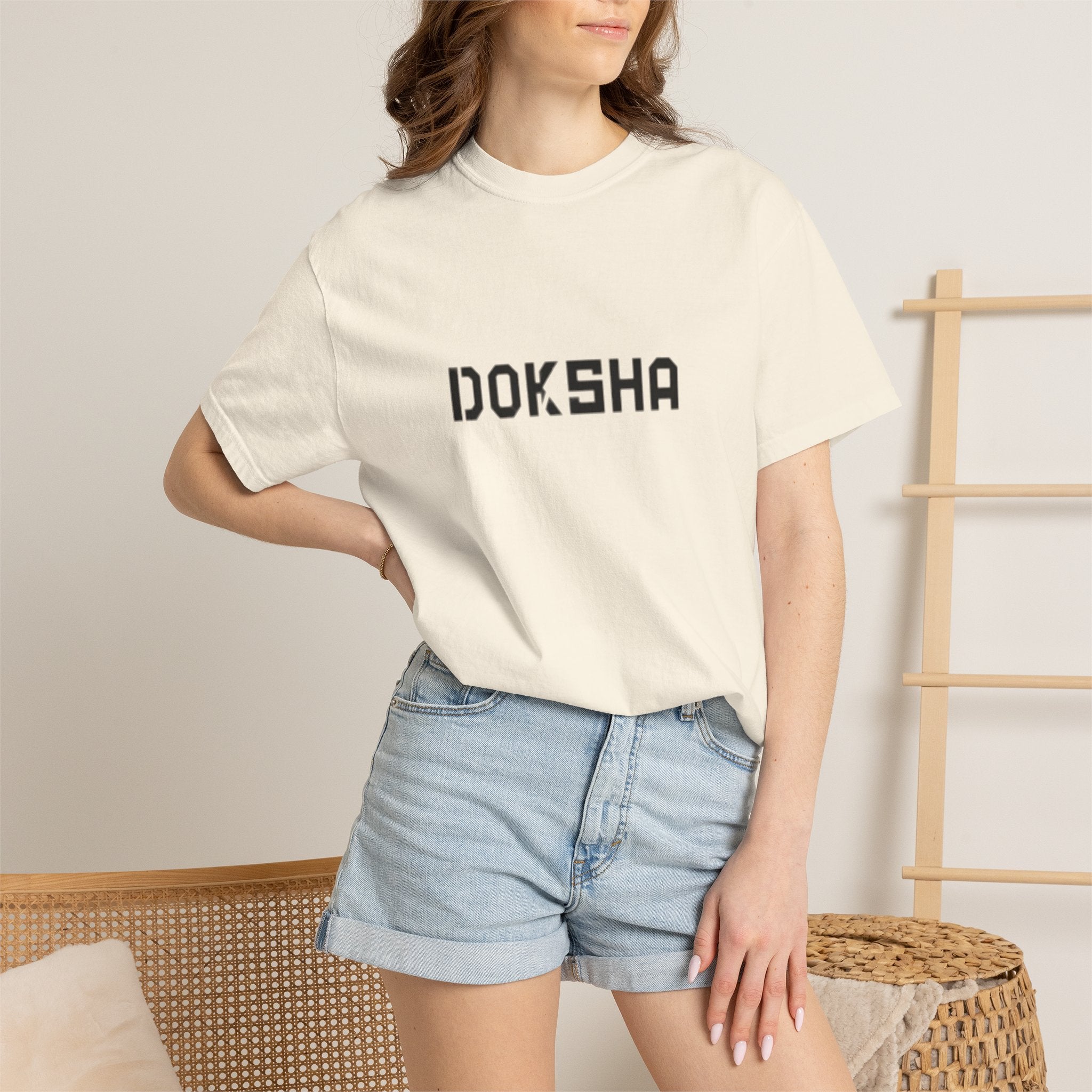 Doksha No. 001 Graphic Tee in White — front view, oversized unisex fit