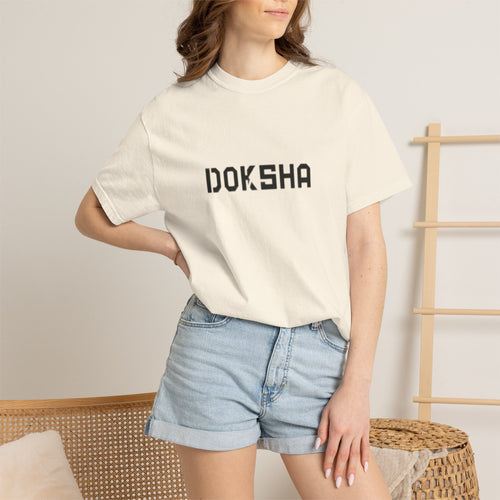 Doksha No. 001 Graphic Tee in White — front view, oversized unisex fit