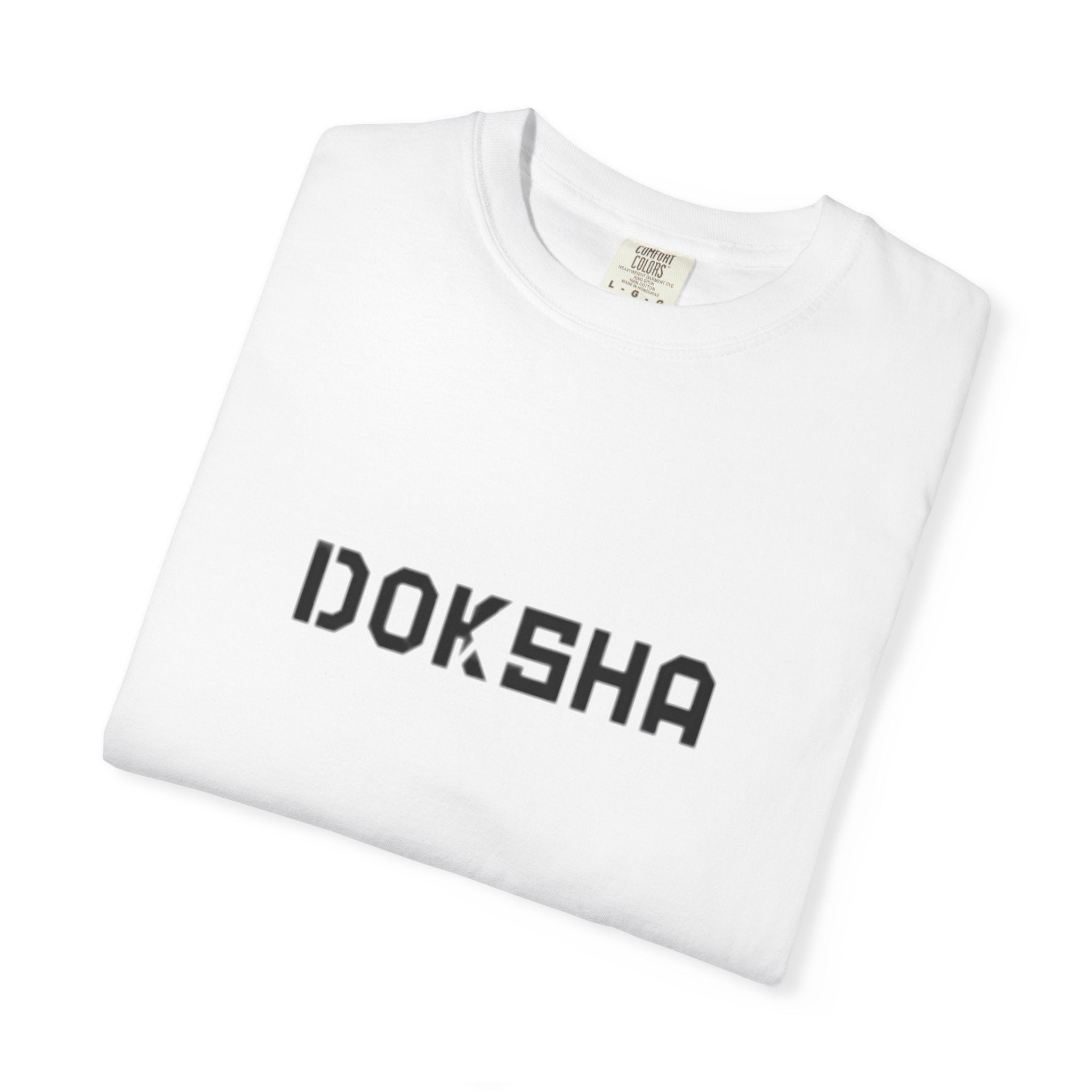 Doksha No. 001 Graphic Tee in Ivory — detail view, sewn-in label and double-needle stitching