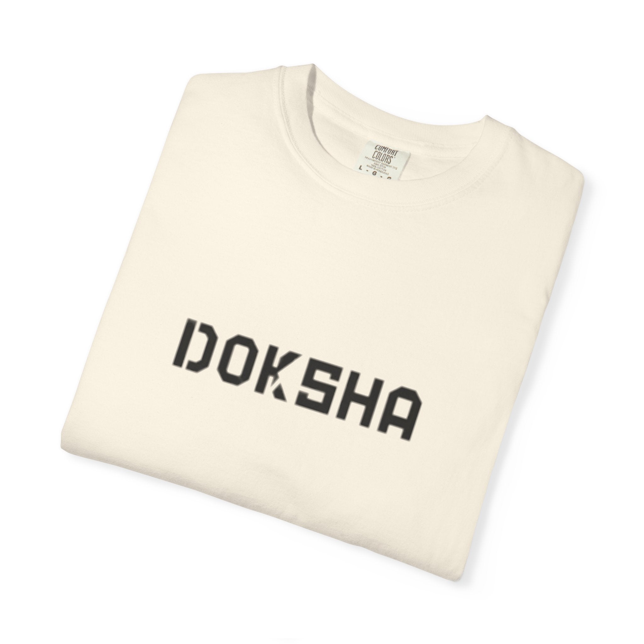 Doksha No. 001 Graphic Tee in White — flat lay, Drop 001 limited run