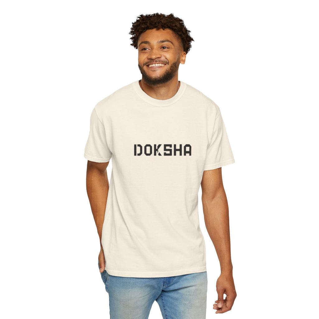 Doksha No. 001 Graphic Tee in Black — flat lay, garment-dyed heavyweight streetwear tee