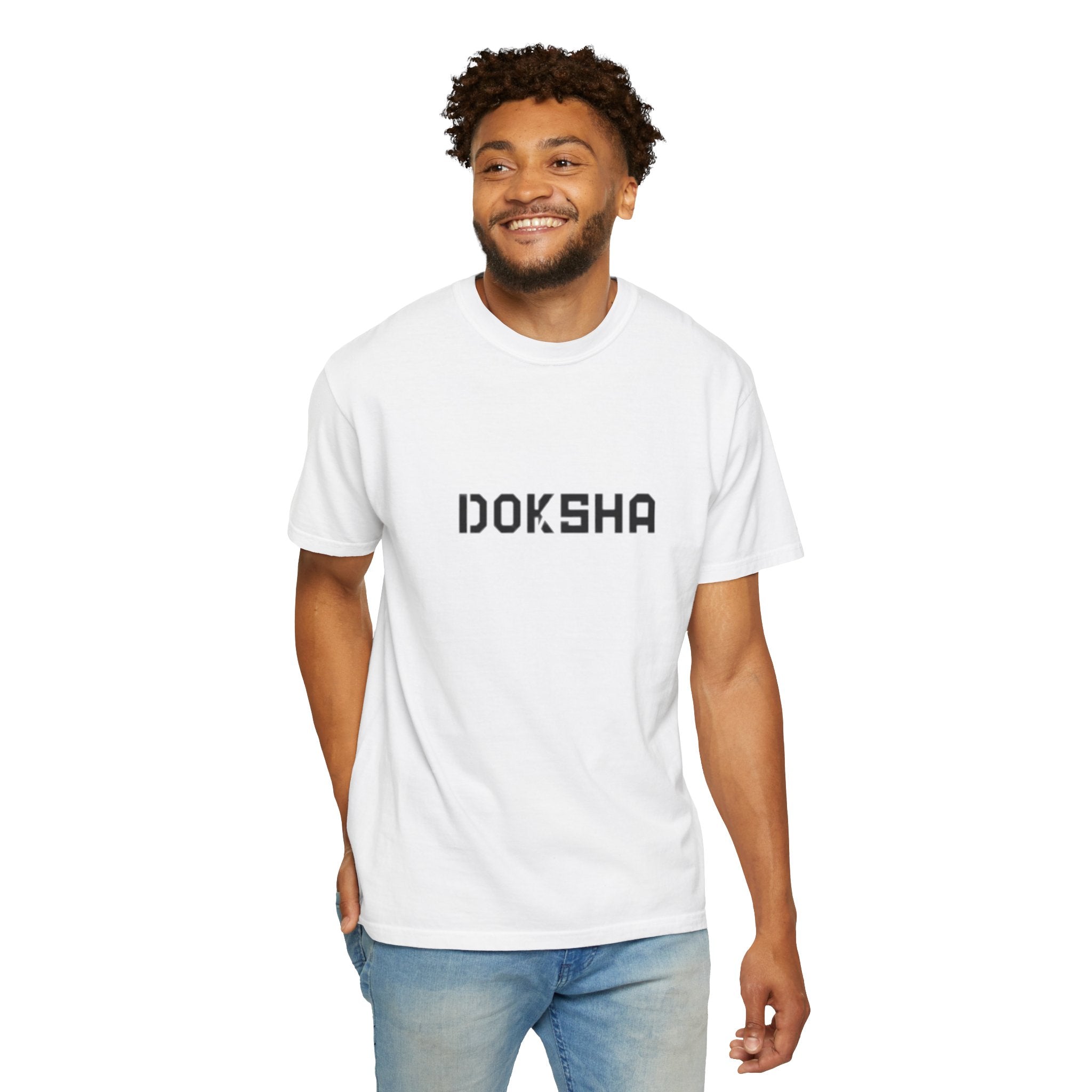Doksha No. 001 Graphic Tee in Chambray — detail view, minimalist Doksha graphic